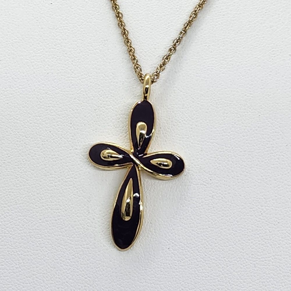 Purple Enamel And Gold Tone Cross Necklace Vintage‎